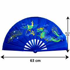 [ PEQUENOS DEFEITOS ] Leque Oriental com Desenho de Dragão e Fênix - Azul