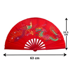 [ PEQUENOS DEFEITOS ] Leque Oriental com Desenho de Dragão e Fênix - Vermelho