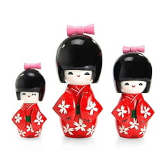[ PEQUENOS DEFEITOS ] Trio Boneca Japonesa Kokeshi  Vermelho - TKVM