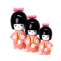 Trio de Boneca Japonesa Kokeshi - Madeira Rosa com Laço Rosa