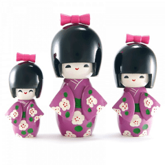 Trio de Boneca Japonesa Kokeshi - Madeira Roxa com Laço Rosa