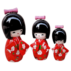 Trio de Boneca Japonesa Kokeshi - Madeira Vermelha com Laço Rosa