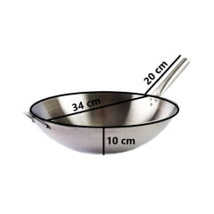 Panela Wok Aço Inoxidável Prata com Cabo Longo - 34cm