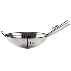 Panela Wok Aço Inoxidável Prata com Cabo Longo - 38cm