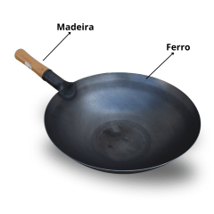 Panela Wok Ferro Preta com Cabo de Madeira - 38cm
