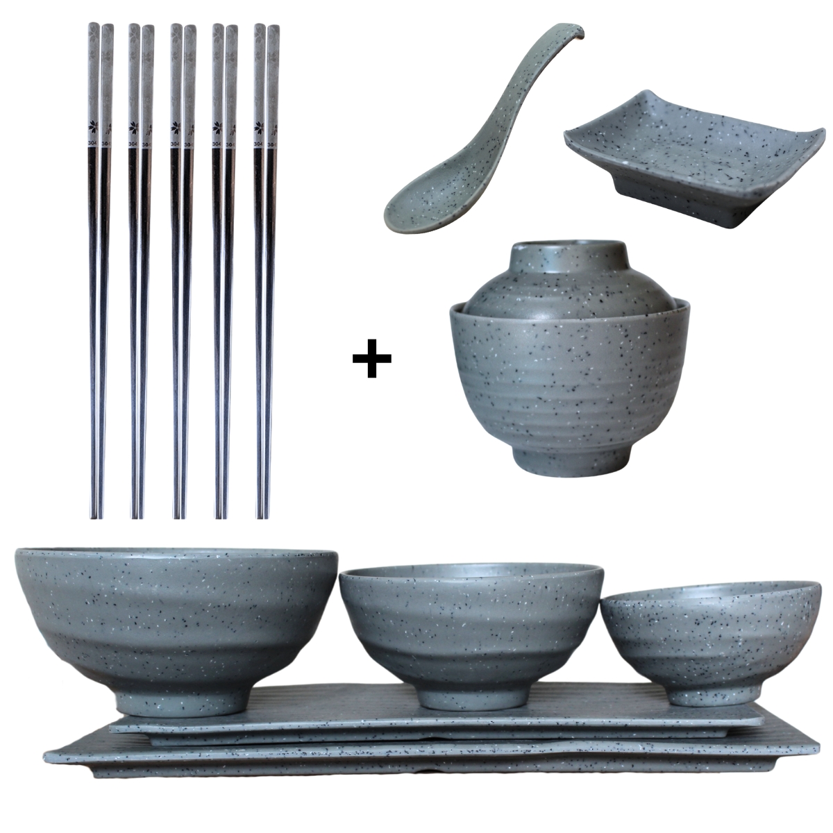 Kit Conjunto de Utensílios para Jantar Oriental Cinza Granito - 13 Peças