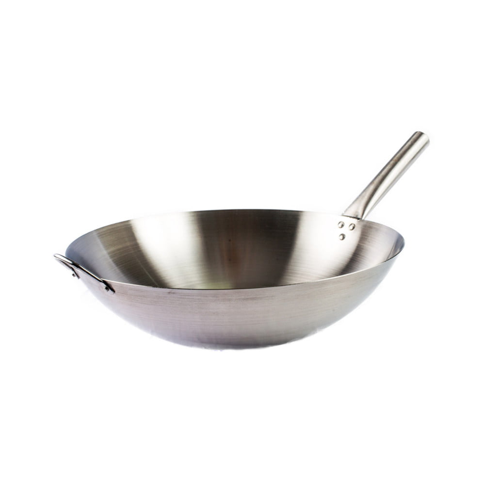 Panela Wok Aço Inoxidável Prata com Cabo Longo - 34cm